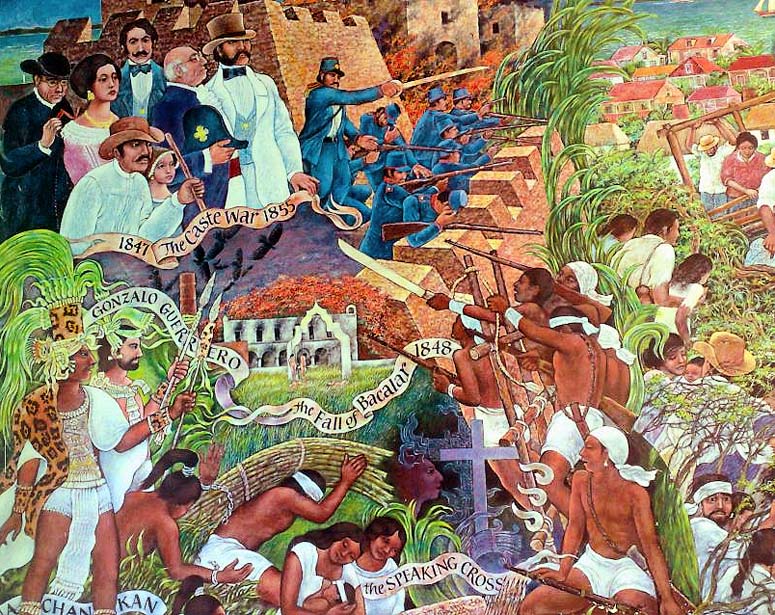 Belizean history mural at the Corozal Town Hall
